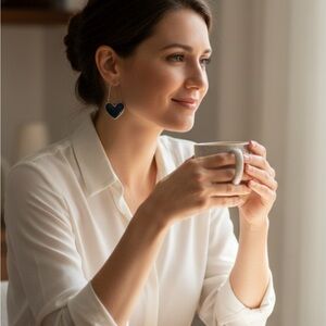 Blue Enamel Heart Dangle Earrings – Silver Tone Minimalist Drop